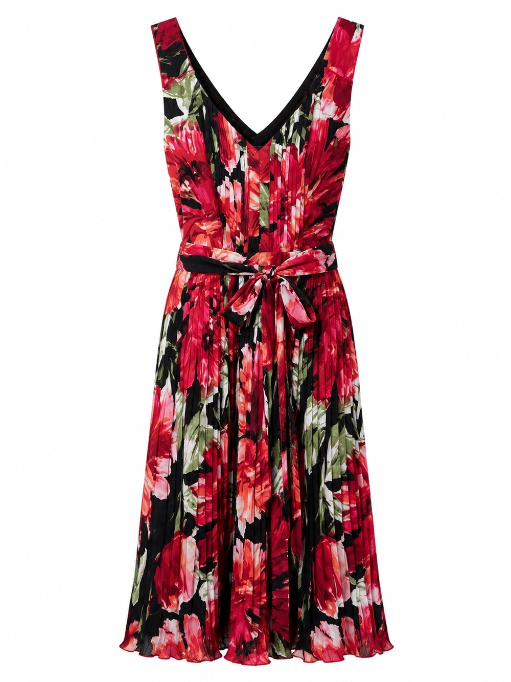 White House Black Market 00 Red Floral V-Neck Sleeveless Pleated Midi Dress Tie